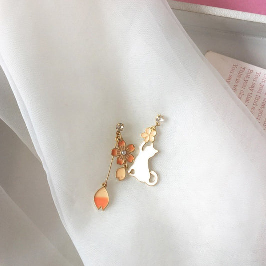 925 Sterling Silver Cat Sakura Earrings - Women Jewellery Gift Kawaii Dangle