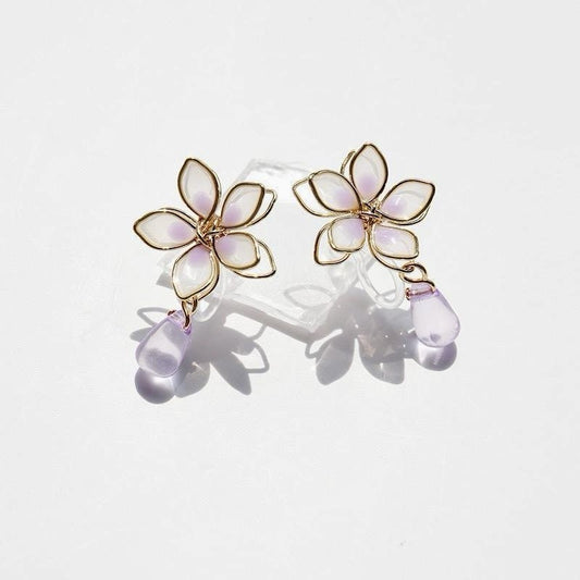 925 Sterling Silver Purple Flower Drop Earrings Gold Women Jewellery
