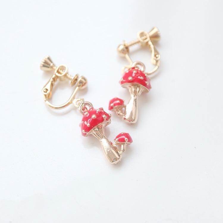 925 Sterling Silver Cute Red Mushroom Clip On Earrings for Women- Kawaii Toadstool Jewellery