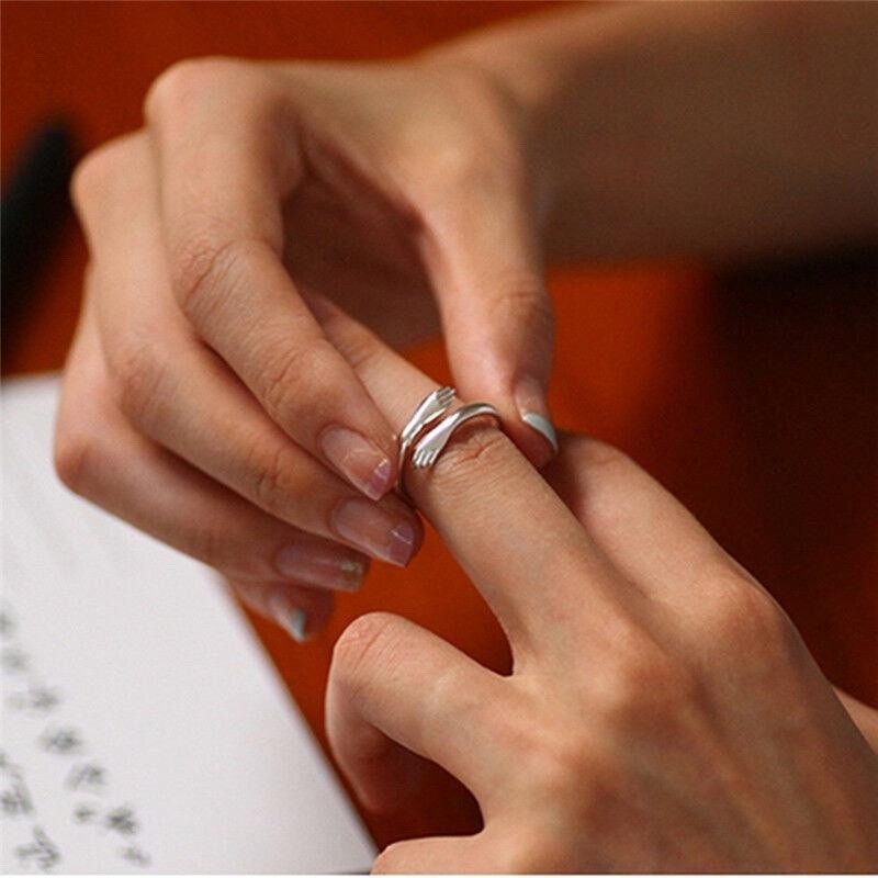 925 Sterling Silver Love Hug Ring Band Open Finger Adjustable Womens Jewellery