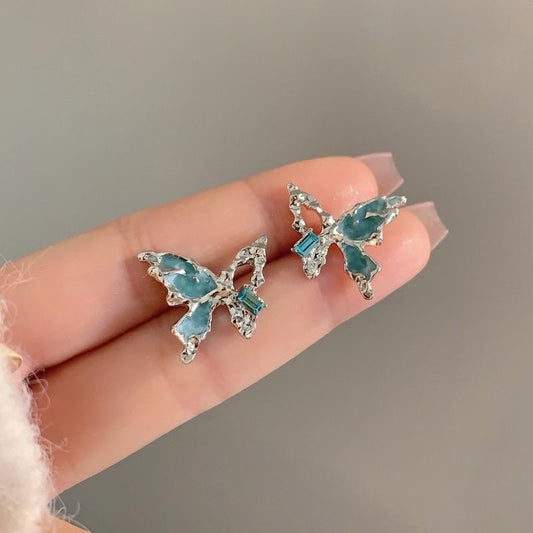 925 Sterling Silver Blue Butterfly Stud Earrings Women Gift Jewellery