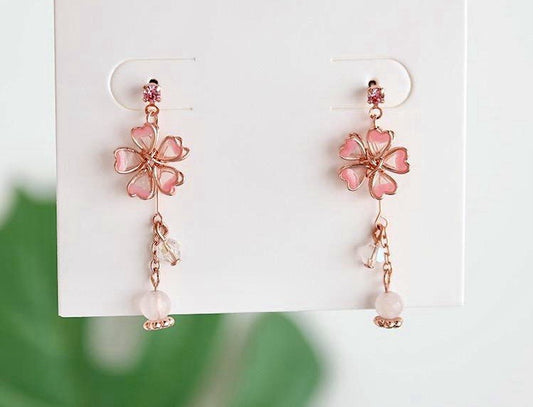 925 Sterling Silver Pink Flower Drop Earrings Crystal Pearl Women Jewellery