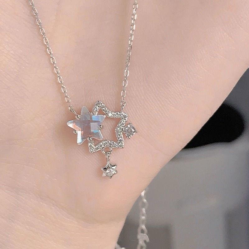 925 Sterling Silver Crystal Star Pendant Necklace Women Sparkle Chain Jewellery