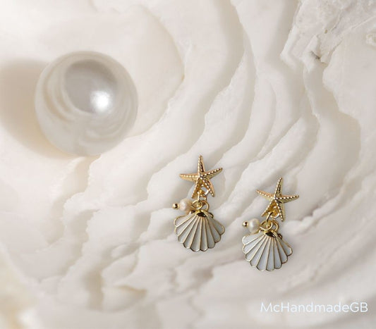 Silver Summer Beach Earrings Pearl Starfish Shell Boho Dangle Drop Gift for Her