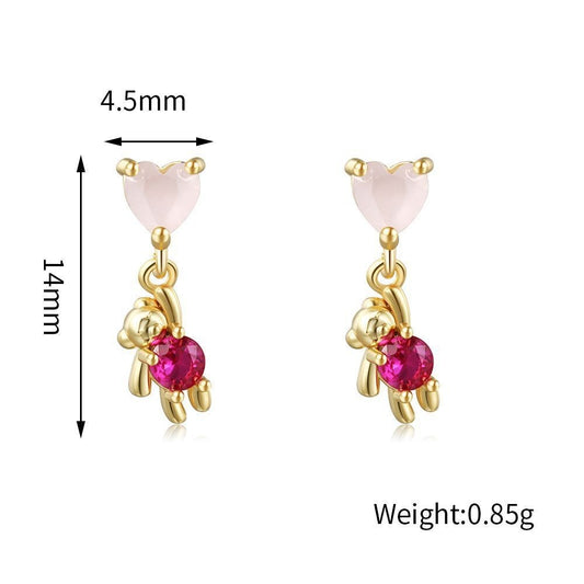 925 Sterling Silver Kawaii Pink Heart Bear Earrings - Cute Dangle Women