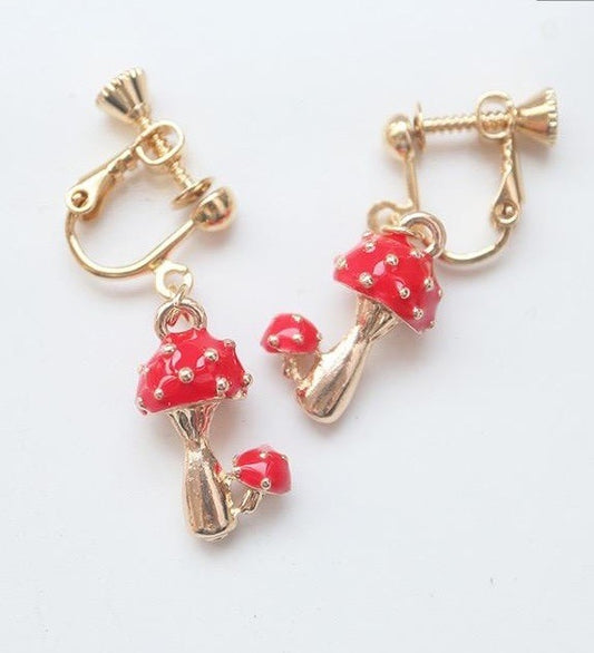 925 Sterling Silver Cute Red Mushroom Clip On Earrings for Women- Kawaii Toadstool Jewellery