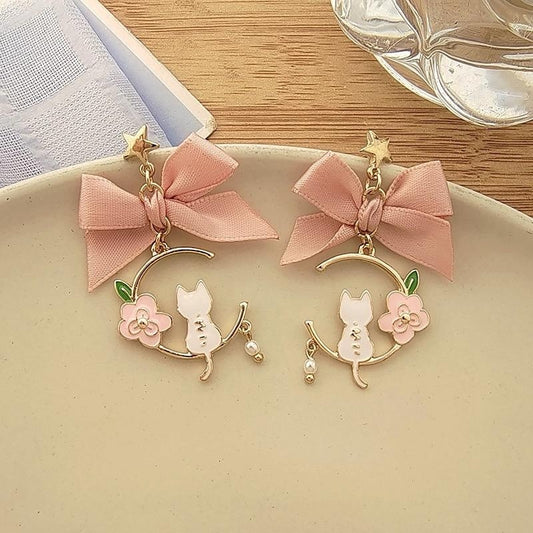 925 Sterling Silver Cat Moon Earrings - Pink Bow Women Jewellery