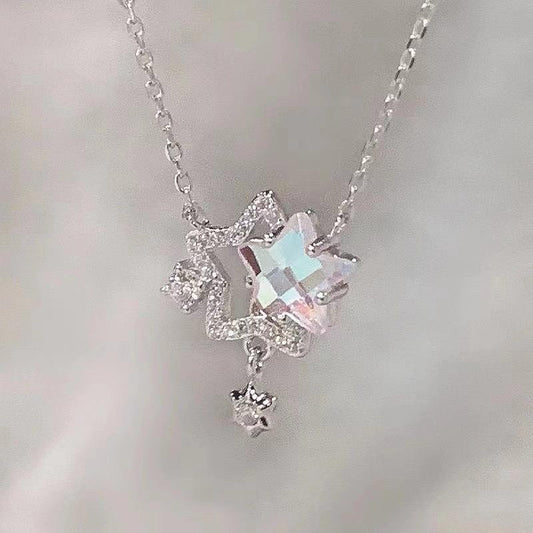 925 Sterling Silver Crystal Star Pendant Necklace Women Sparkle Chain Jewellery