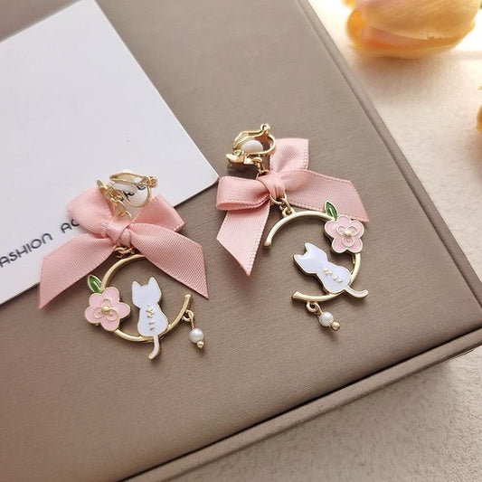 925 Sterling Silver Cat Moon Earrings - Pink Bow Women Jewellery