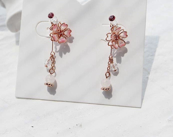 925 Sterling Silver Pink Flower Drop Earrings Crystal Pearl Women Jewellery