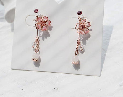 925 Sterling Silver Pink Flower Drop Earrings Crystal Pearl Women Jewellery