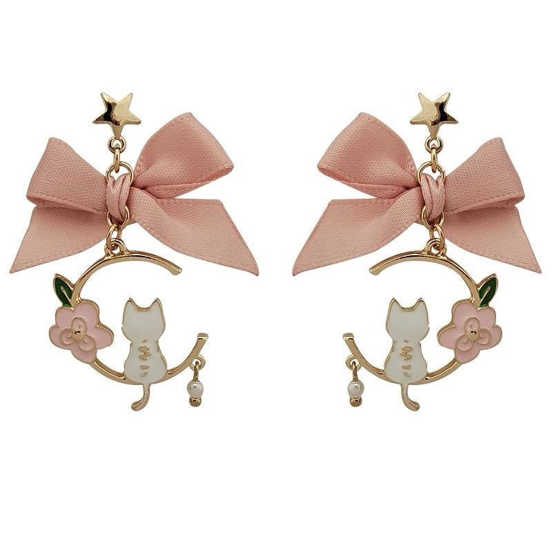 925 Sterling Silver Cat Moon Earrings - Pink Bow Women Jewellery