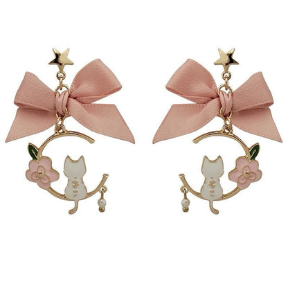 925 Sterling Silver Cat Moon Earrings - Pink Bow Women Jewellery