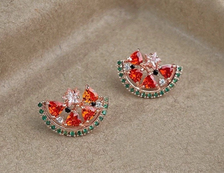 925 Silver Watermelon Slice Earrings -  Colorful Studs Boho Gift for Women UK