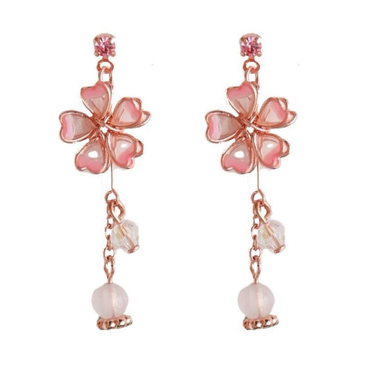 925 Sterling Silver Pink Flower Drop Earrings Crystal Pearl Women Jewellery