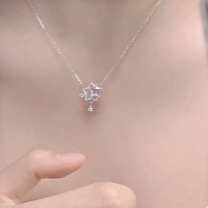 925 Sterling Silver Crystal Star Pendant Necklace Women Sparkle Chain Jewellery