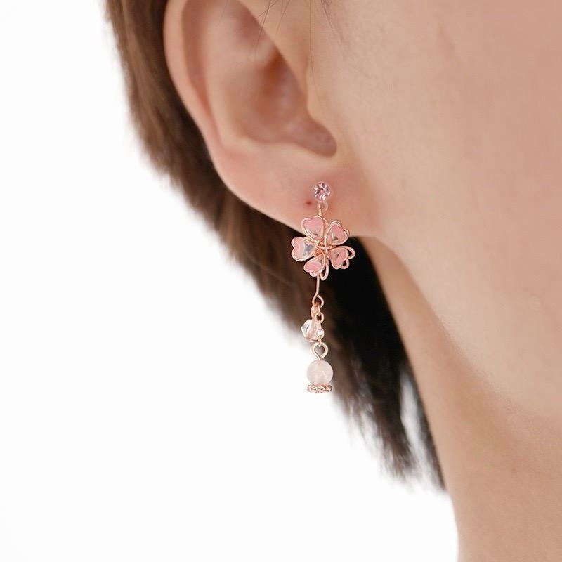 925 Sterling Silver Pink Flower Drop Earrings Crystal Pearl Women Jewellery