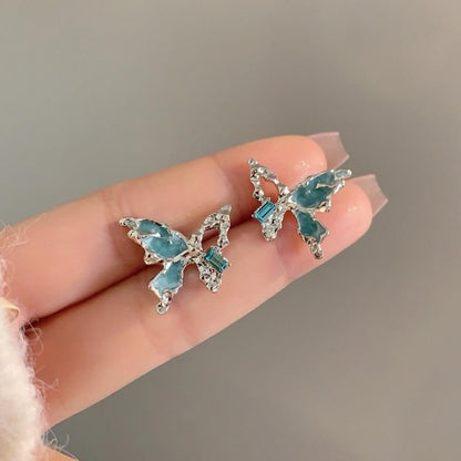 925 Sterling Silver Blue Butterfly Stud Earrings Women Gift Jewellery