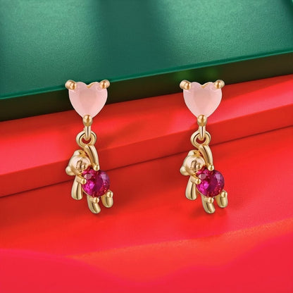 925 Sterling Silver Kawaii Pink Heart Bear Earrings - Cute Dangle Women
