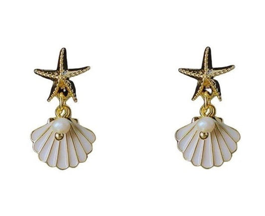 Silver Summer Beach Earrings Pearl Starfish Shell Boho Dangle Drop Gift for Her