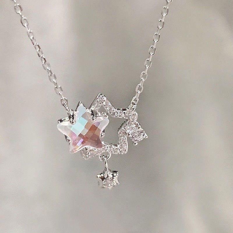 925 Sterling Silver Crystal Star Pendant Necklace Women Sparkle Chain Jewellery