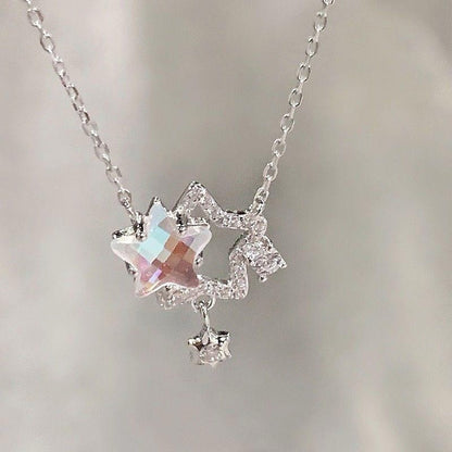 925 Sterling Silver Crystal Star Pendant Necklace Women Sparkle Chain Jewellery