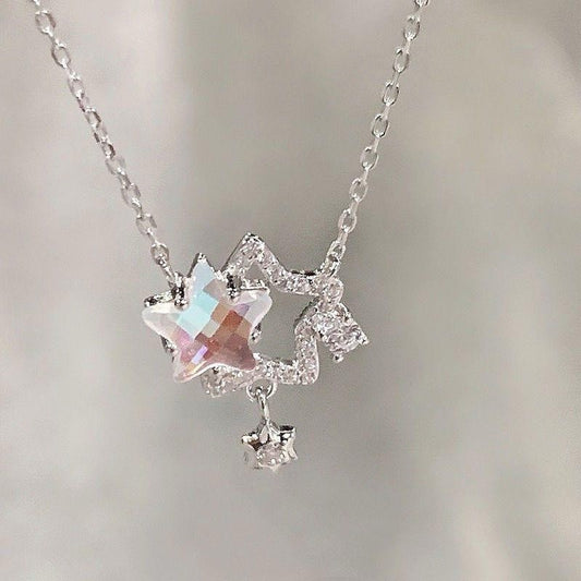 925 Sterling Silver Crystal Star Pendant Necklace Women Sparkle Chain Jewellery