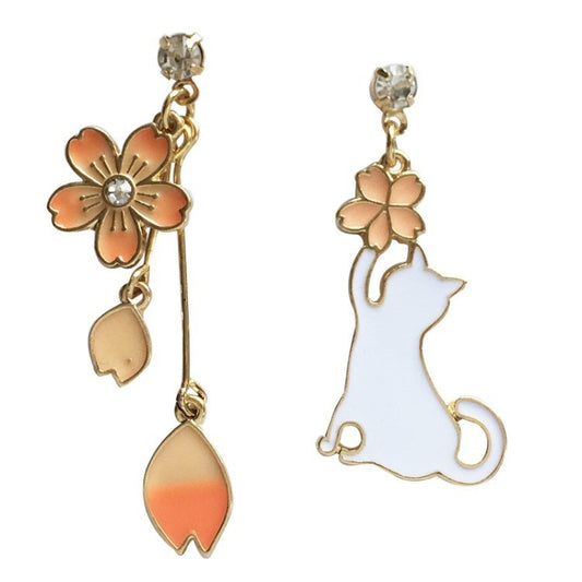 925 Sterling Silver Cat Sakura Earrings - Women Jewellery Gift Kawaii Dangle