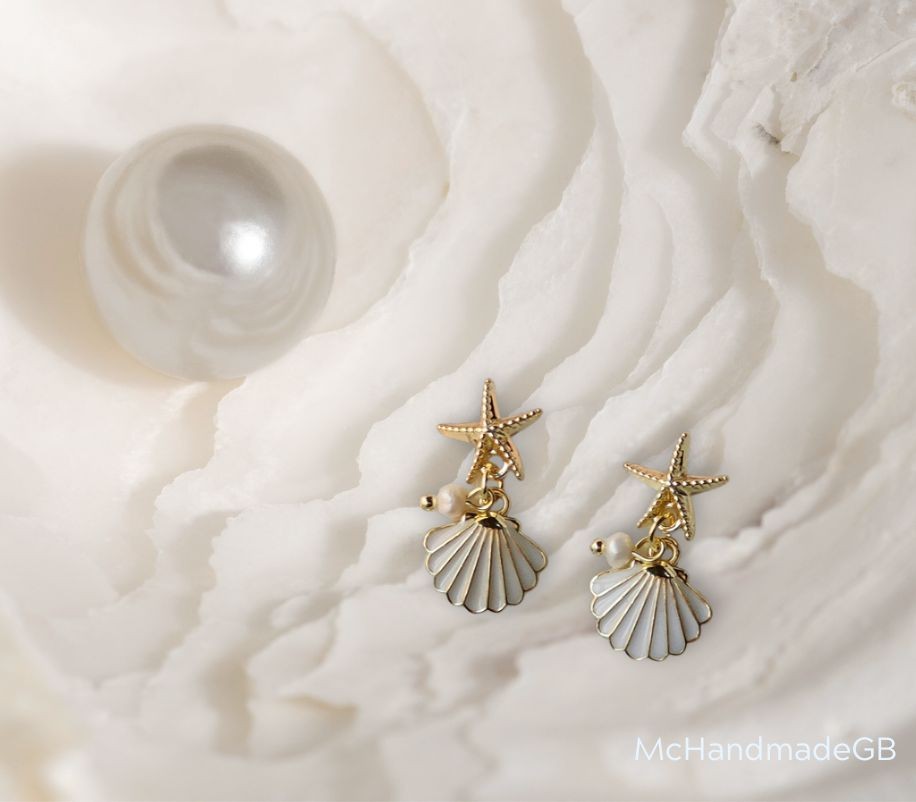 Silver Summer Beach Earrings Pearl Starfish Shell Boho Dangle Drop Gift for Her