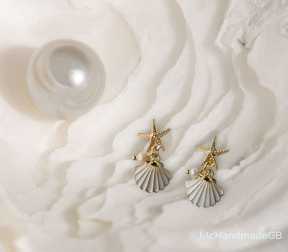 Silver Summer Beach Earrings Pearl Starfish Shell Boho Dangle Drop Gift for Her