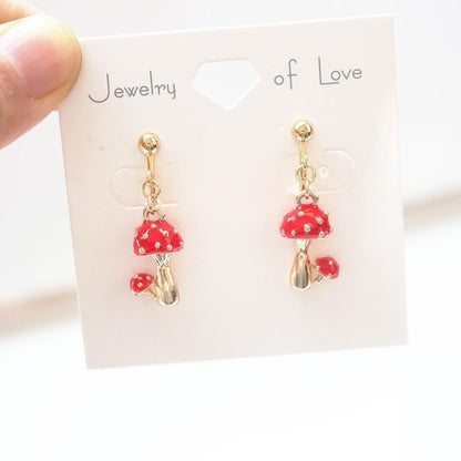 925 Sterling Silver Cute Red Mushroom Clip On Earrings for Women- Kawaii Toadstool Jewellery