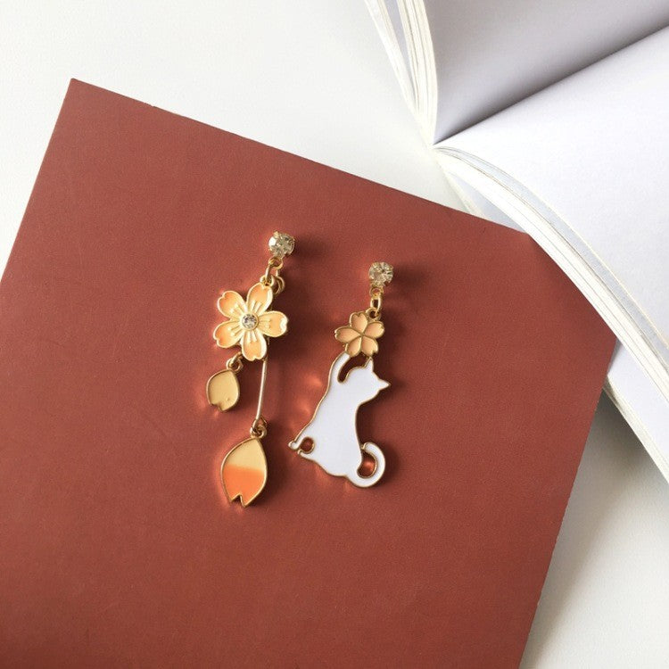 925 Sterling Silver Cat Sakura Earrings - Women Jewellery Gift Kawaii Dangle