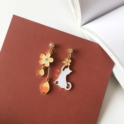 925 Sterling Silver Cat Sakura Earrings - Women Jewellery Gift Kawaii Dangle