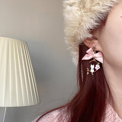 925 Sterling Silver Cat Moon Earrings - Pink Bow Women Jewellery