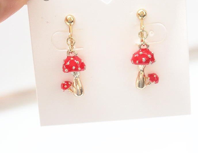 925 Sterling Silver Cute Red Mushroom Clip On Earrings for Women- Kawaii Toadstool Jewellery