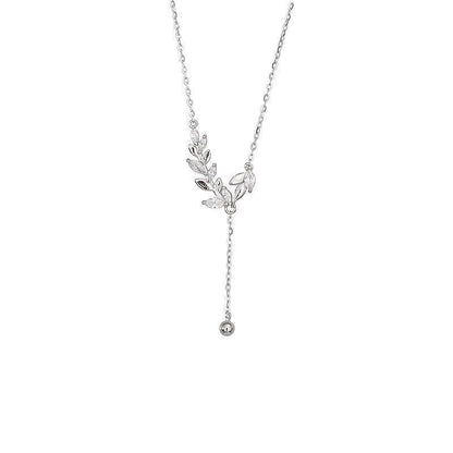 925 Sterling Silver Leaf Pendant Necklace for Women Elegant Zircon Choker Chain