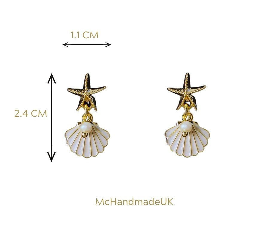 Silver Summer Beach Earrings Pearl Starfish Shell Boho Dangle Drop Gift for Her