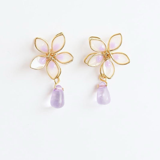 925 Sterling Silver Purple Flower Drop Earrings Gold Women Jewellery