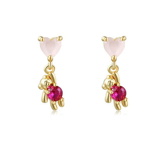 925 Sterling Silver Kawaii Pink Heart Bear Earrings - Cute Dangle Women