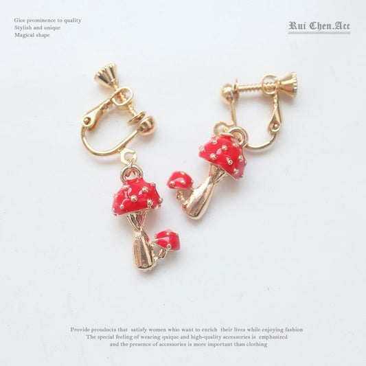 925 Sterling Silver Cute Red Mushroom Clip On Earrings for Women- Kawaii Toadstool Jewellery