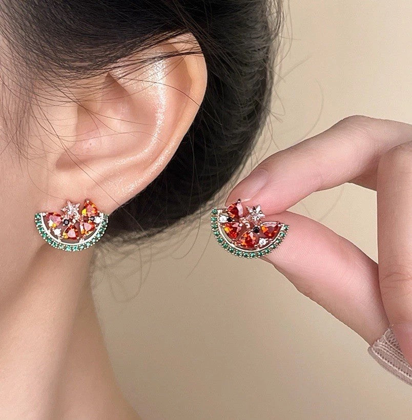 925 Silver Watermelon Slice Earrings -  Colorful Studs Boho Gift for Women UK