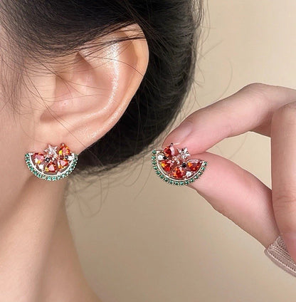 925 Silver Watermelon Slice Earrings -  Colorful Studs Boho Gift for Women UK