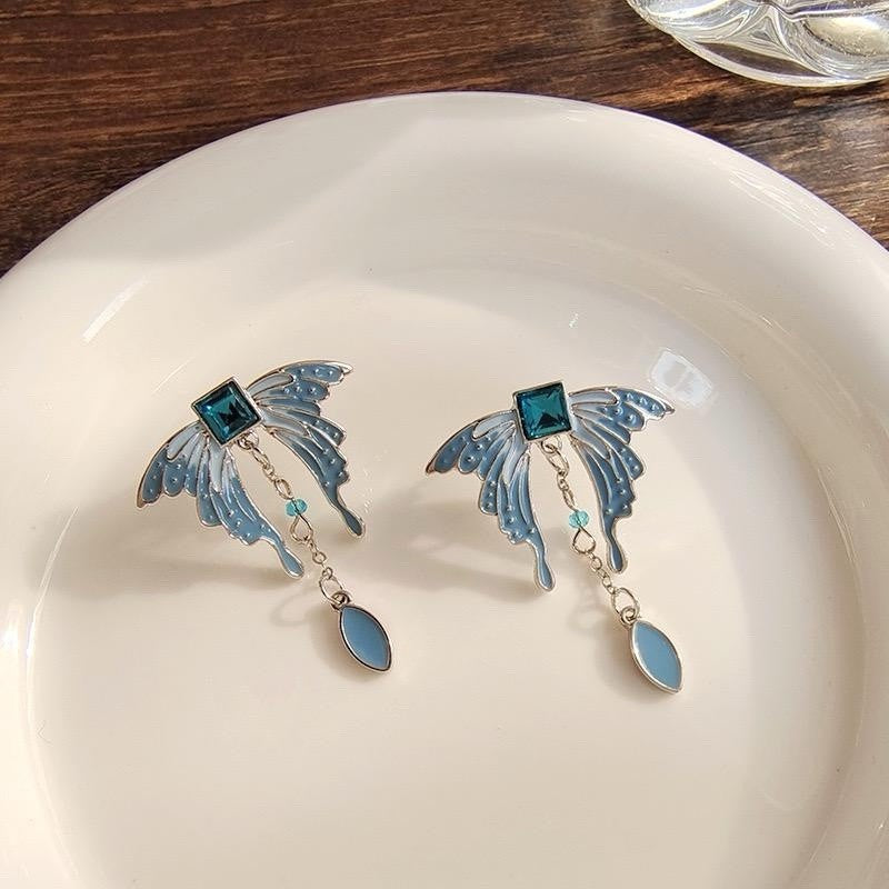 925 Sterling Silver - Blue Butterfly Wing Dangle Earrings Women Gift