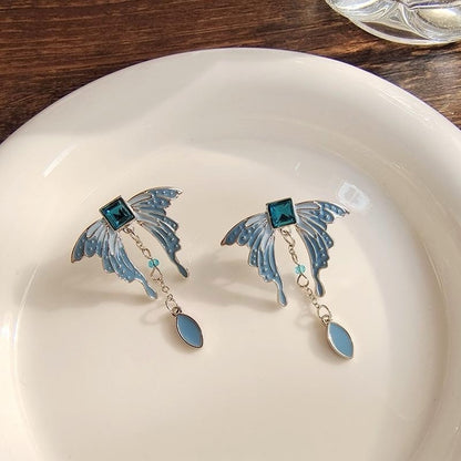925 Sterling Silver - Blue Butterfly Wing Dangle Earrings Women Gift