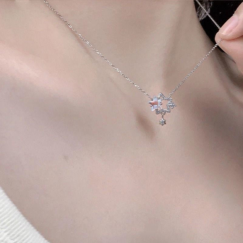 925 Sterling Silver Crystal Star Pendant Necklace Women Sparkle Chain Jewellery